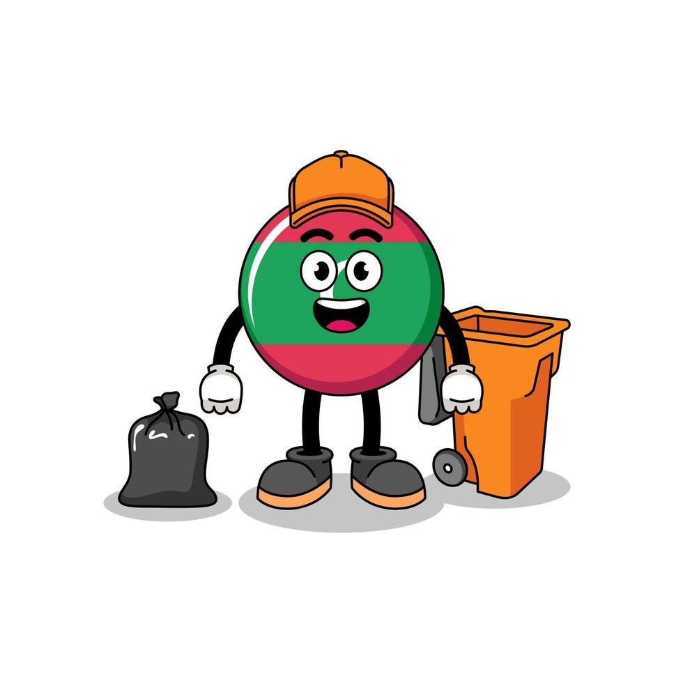ilustración de la caricatura de la bandera de maldivas como recolector de basura vector
