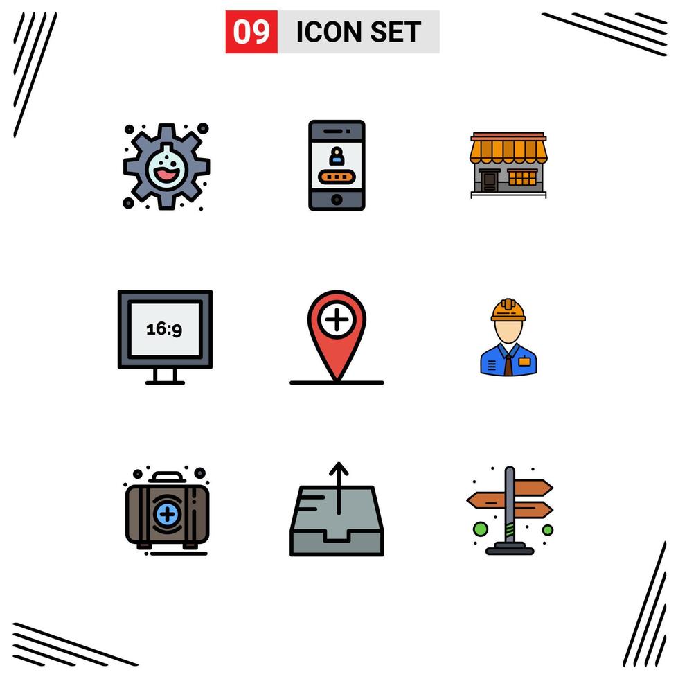 User Interface Pack of 9 Basic Filledline Flat Colors of plus hd shop display building Editable Vector Design Elements
