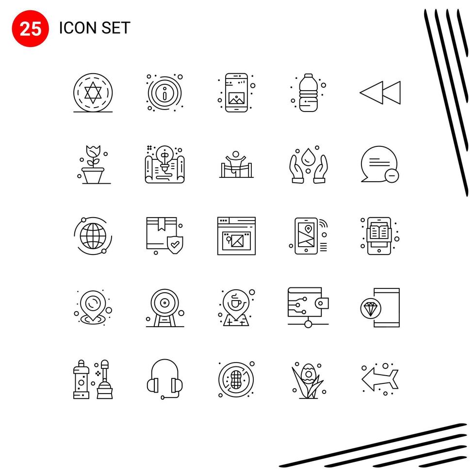 Mobile Interface Line Set of 25 Pictograms of flower backward application drink water Editable Vector Design Elements