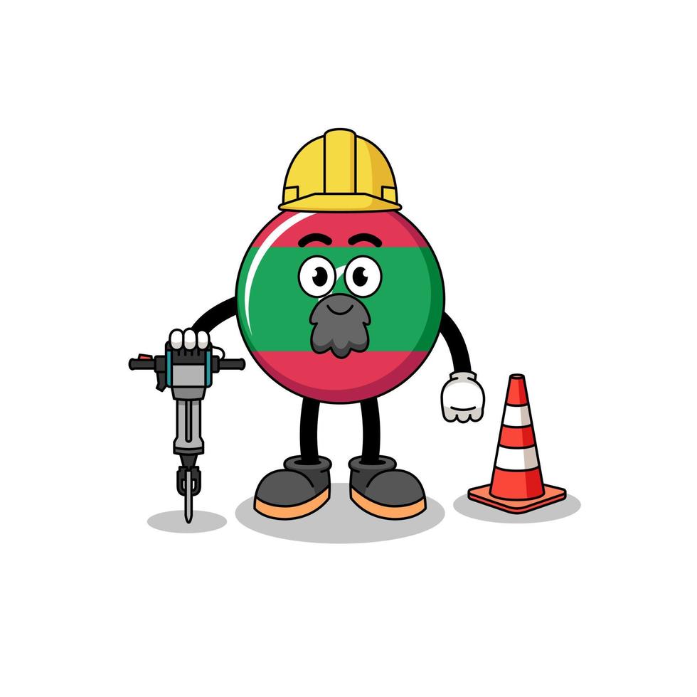 caricatura de personaje de la bandera de maldivas trabajando en la construcción de carreteras vector