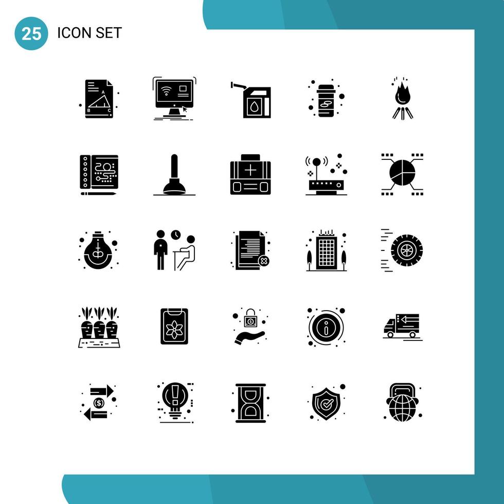 Editable Vector Line Pack of 25 Simple Solid Glyphs of flame pills car pharmacy calcium Editable Vector Design Elements