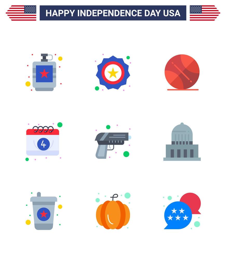 Flat Pack of 9 USA Independence Day Symbols of gun date flag calendar usa Editable USA Day Vector Design Elements