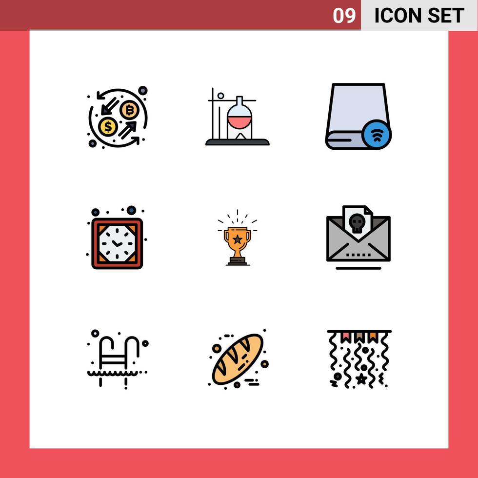 Mobile Interface Filledline Flat Color Set of 9 Pictograms of trophy wall clock computers timer hardware Editable Vector Design Elements