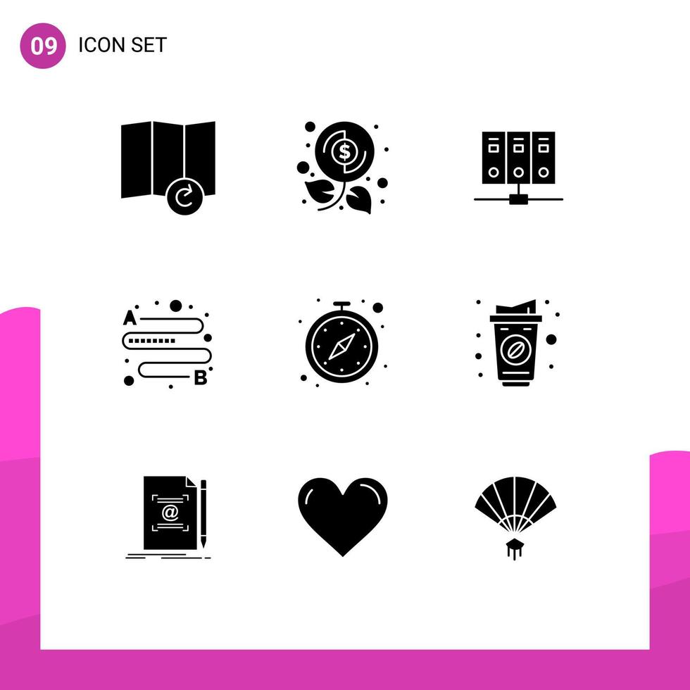 Modern Set of 9 Solid Glyphs Pictograph of coffee timer server stop watch place Editable Vector Design Elements