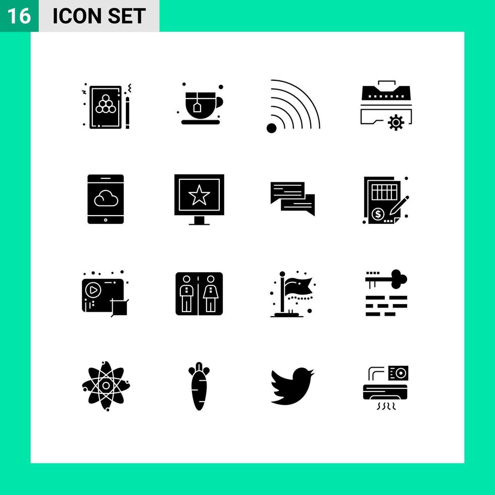 Set of 16 Vector Solid Glyphs on Grid for smartphone backup feed tools set Editable Vector Design Elements