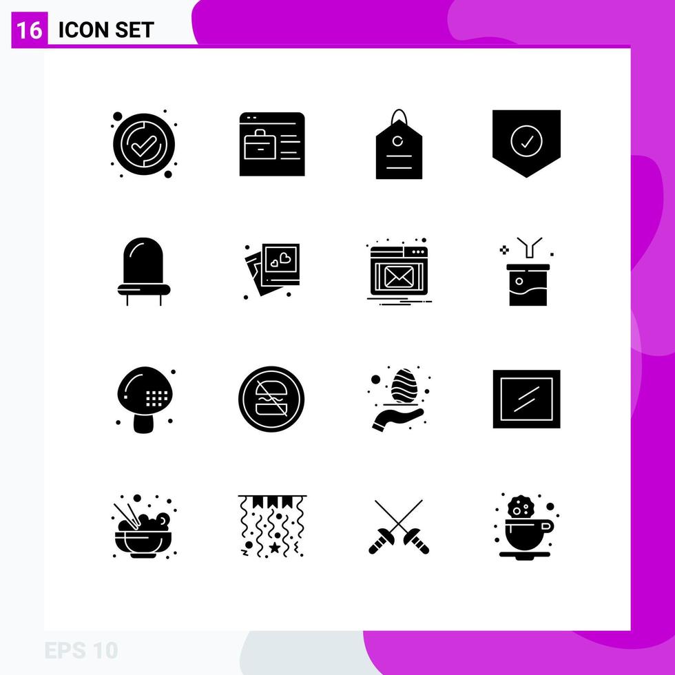 User Interface Pack of 16 Basic Solid Glyphs of light diode money shield protect Editable Vector Design Elements