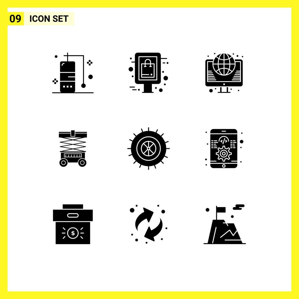 9 Thematic Vector Solid Glyphs and Editable Symbols of tire lifter hosting warehouse lift Editable Vector Design Elements