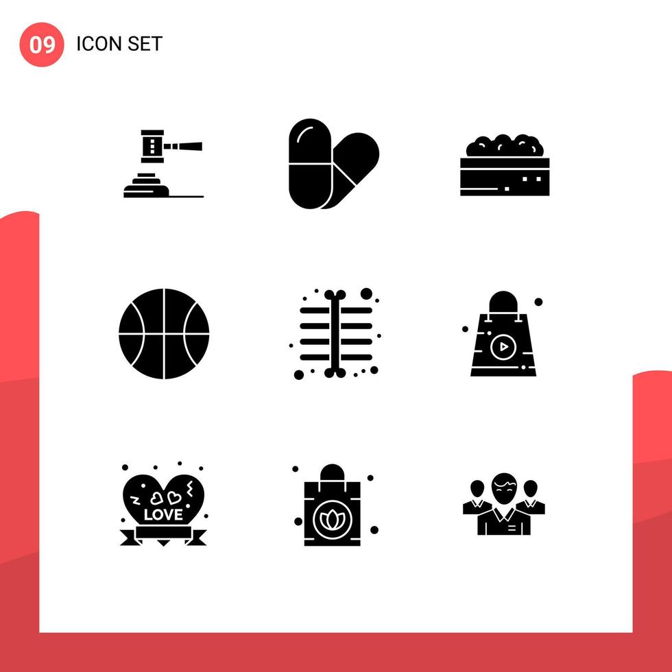 Editable Vector Line Pack of 9 Simple Solid Glyphs of chest set pill basic garden Editable Vector Design Elements