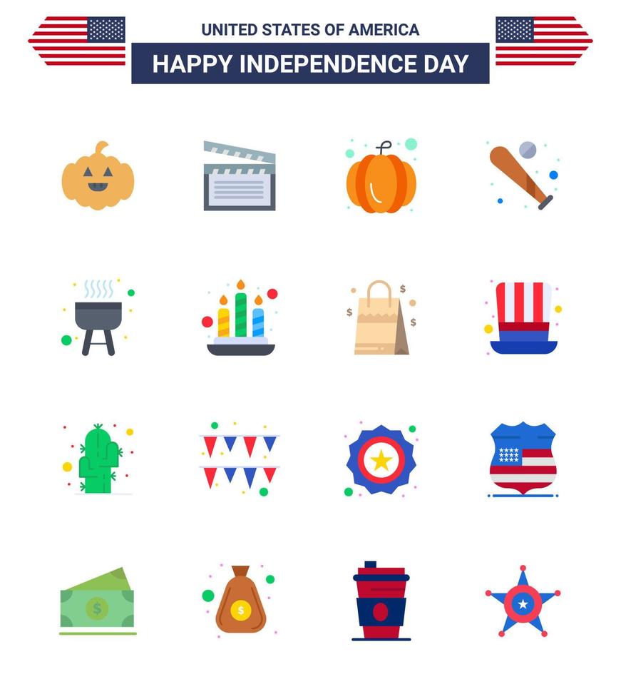 16 USA Flat Pack of Independence Day Signs and Symbols of cook barbecue pumpkin usa bat Editable USA Day Vector Design Elements