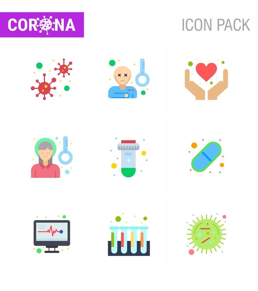 Coronavirus Prevention Set Icons 9 Flat Color icon such as sickness fever pain temprature headache health care viral coronavirus 2019nov disease Vector Design Elements