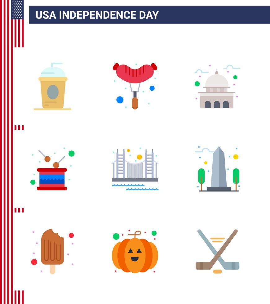 USA Independence Day Flat Set of 9 USA Pictograms of independence holiday building drum white Editable USA Day Vector Design Elements