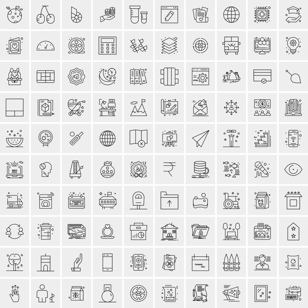 100 Universal Black Line Icons on White Background vector