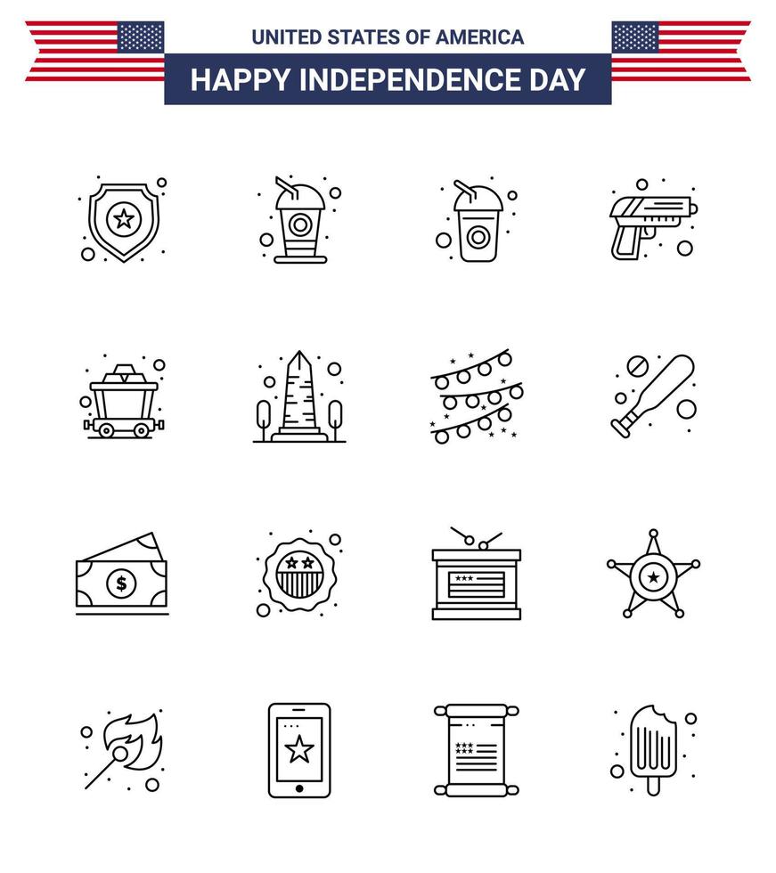 Line Pack of 16 USA Independence Day Symbols of sight landmark gun rail cart Editable USA Day Vector Design Elements