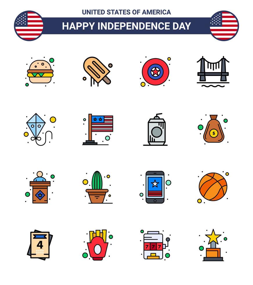 Modern Set of 16 Flat Filled Lines and symbols on USA Independence Day such as country summer military kite city Editable USA Day Vector Design Elements