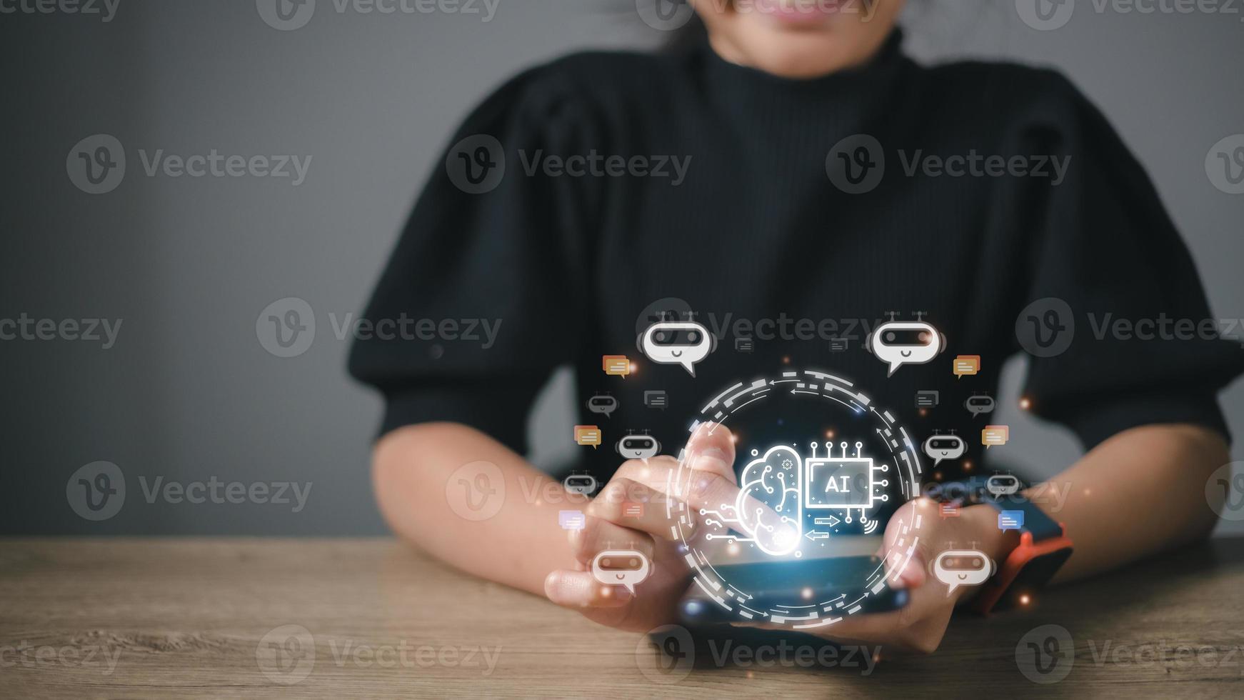 Businesswoman using chatbot in computer smart intelligence Ai. Chat GPT Chat with AI Artificial Intelligence, developed by OpenAI generate. Futuristic technology, robot in online system. photo