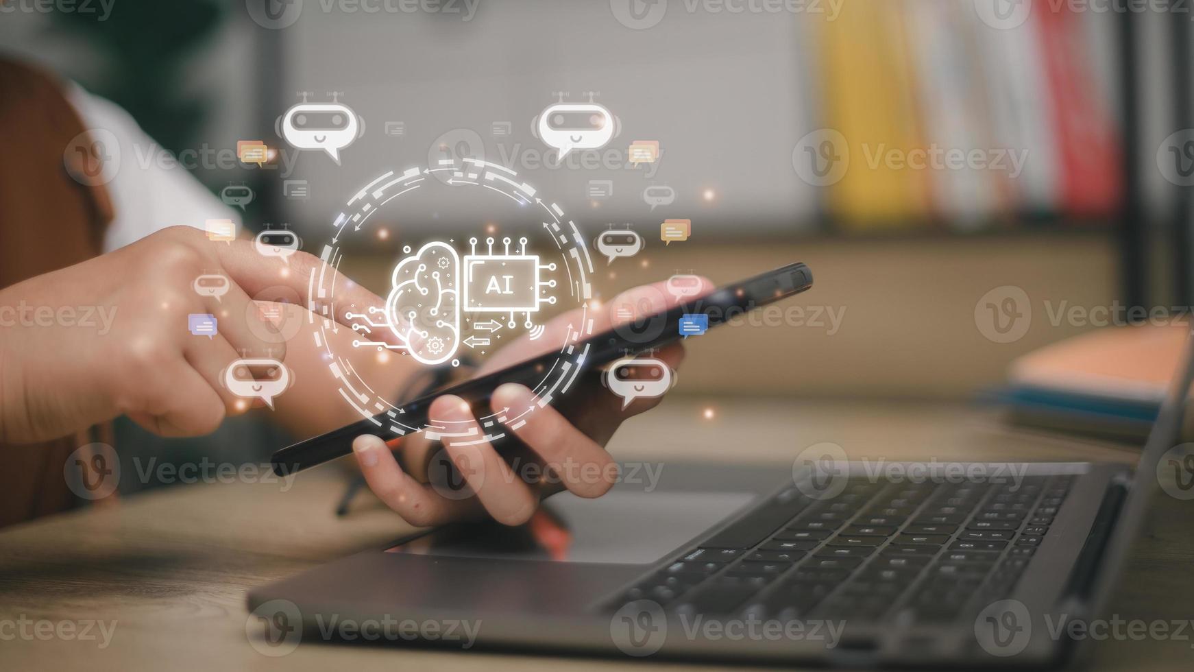 Businesswoman using chatbot in computer smart intelligence Ai. Chat GPT Chat with AI Artificial Intelligence, developed by OpenAI generate. Futuristic technology, robot in online system. photo