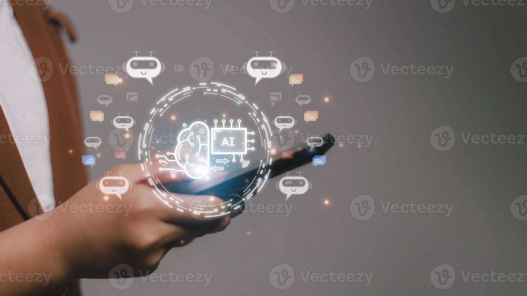 Businesswoman using chatbot in computer smart intelligence Ai. Chat GPT Chat with AI Artificial Intelligence, developed by OpenAI generate. Futuristic technology, robot in online system. photo