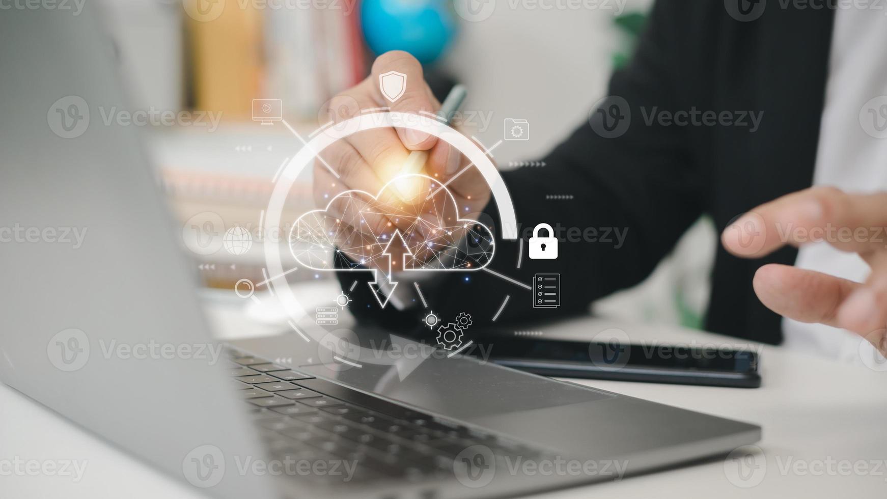 Cloud computing downloads and loading data information and upload it to the system network application. Technology transformation concept photo