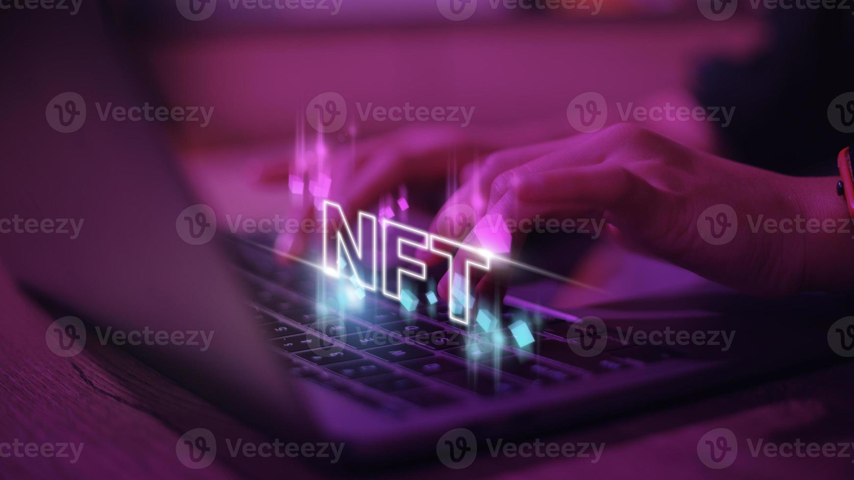 finger touch virtual screen, NFT token digital crypto art blockchain technology concept photo