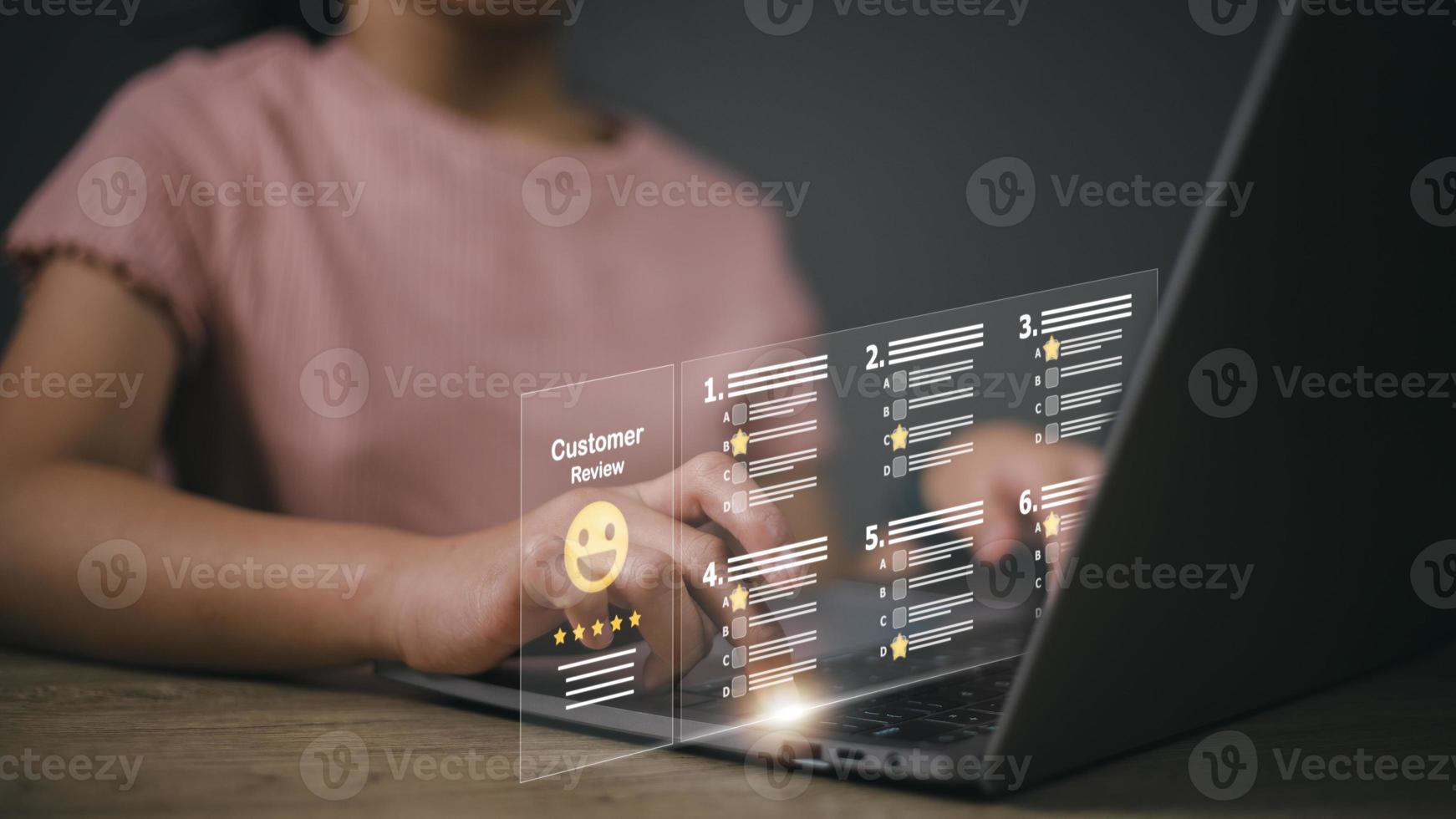 Customer Experiences giving five stars opinion review, Client's Satisfaction feedback review concept. Customer service experience and business satisfaction. photo