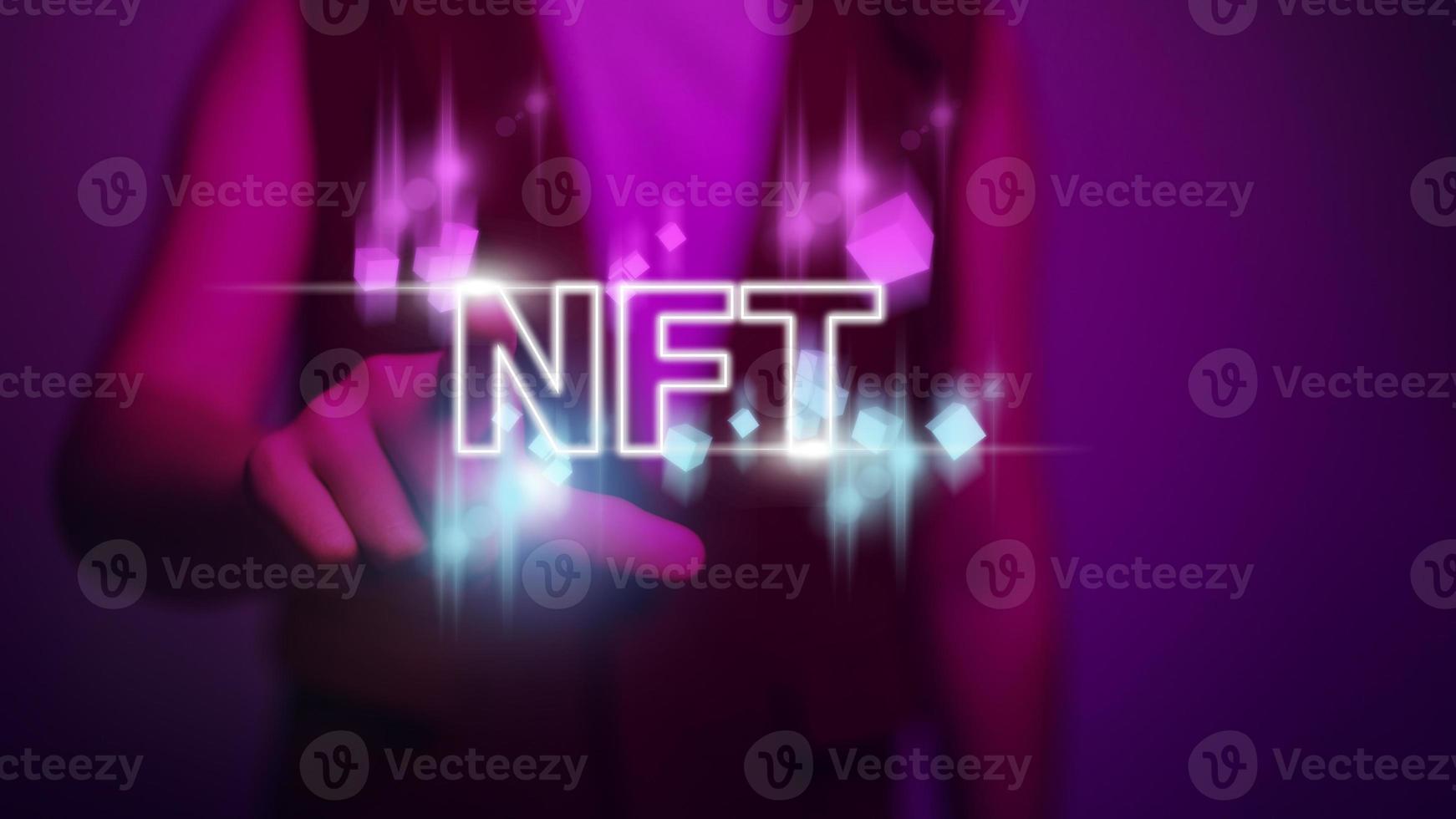 finger touch virtual screen, NFT token digital crypto art blockchain technology concept photo