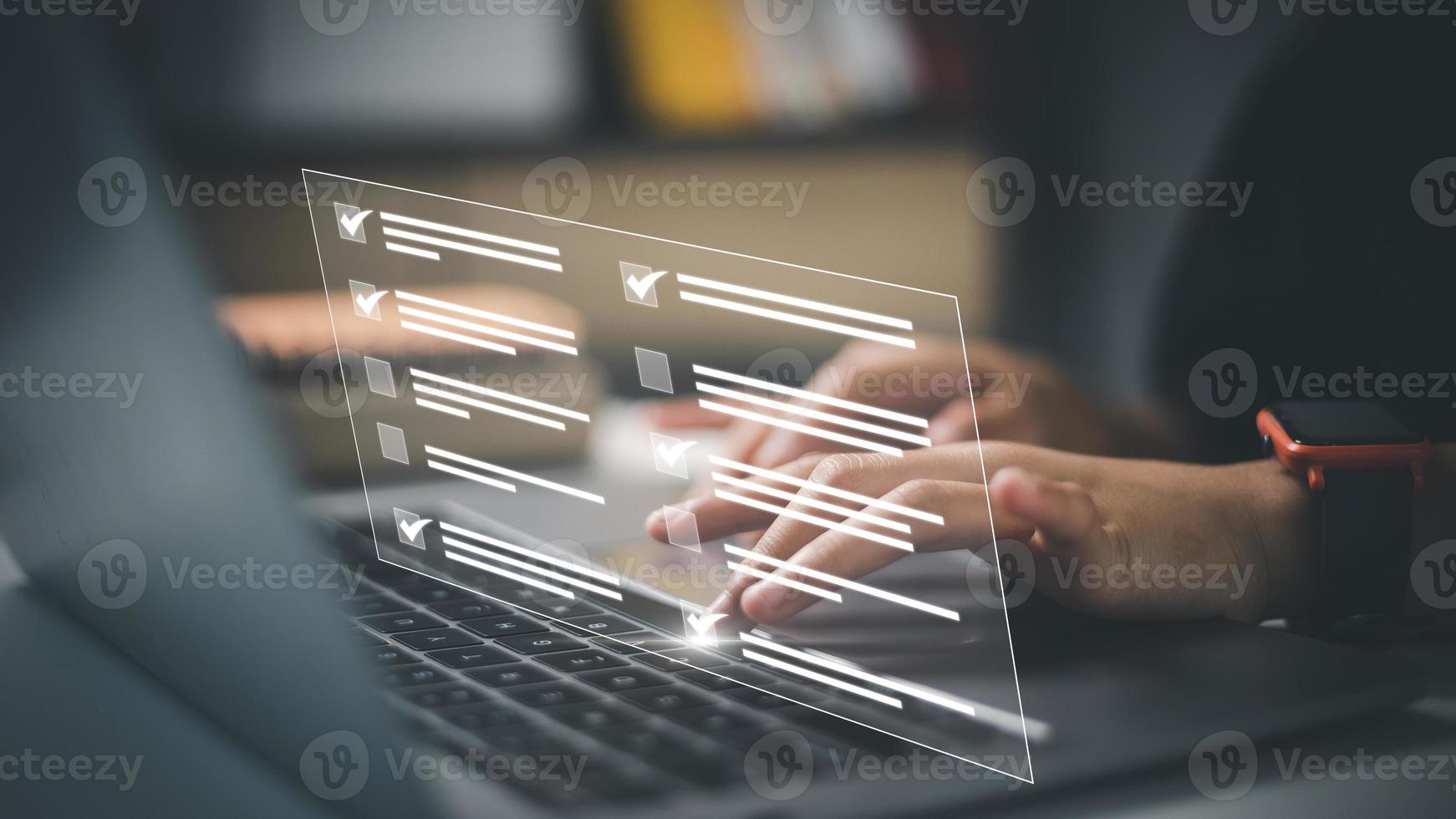 businesswoman Take an assessment, questionnaire, evaluation, online survey online exam Choosing the right answer in the exam, filling out an online survey form. Answer the test questions. photo