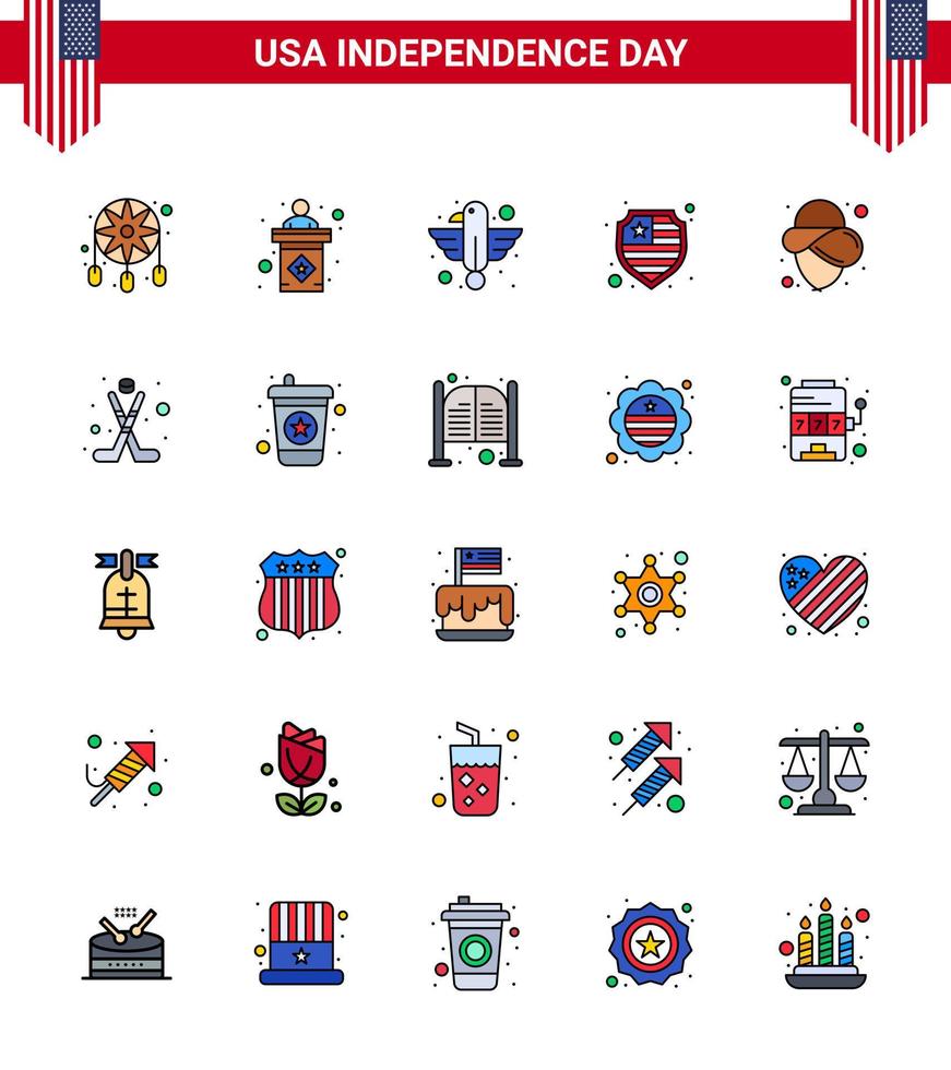 Modern Set of 25 Flat Filled Lines and symbols on USA Independence Day such as cowboy shield american protection state Editable USA Day Vector Design Elements