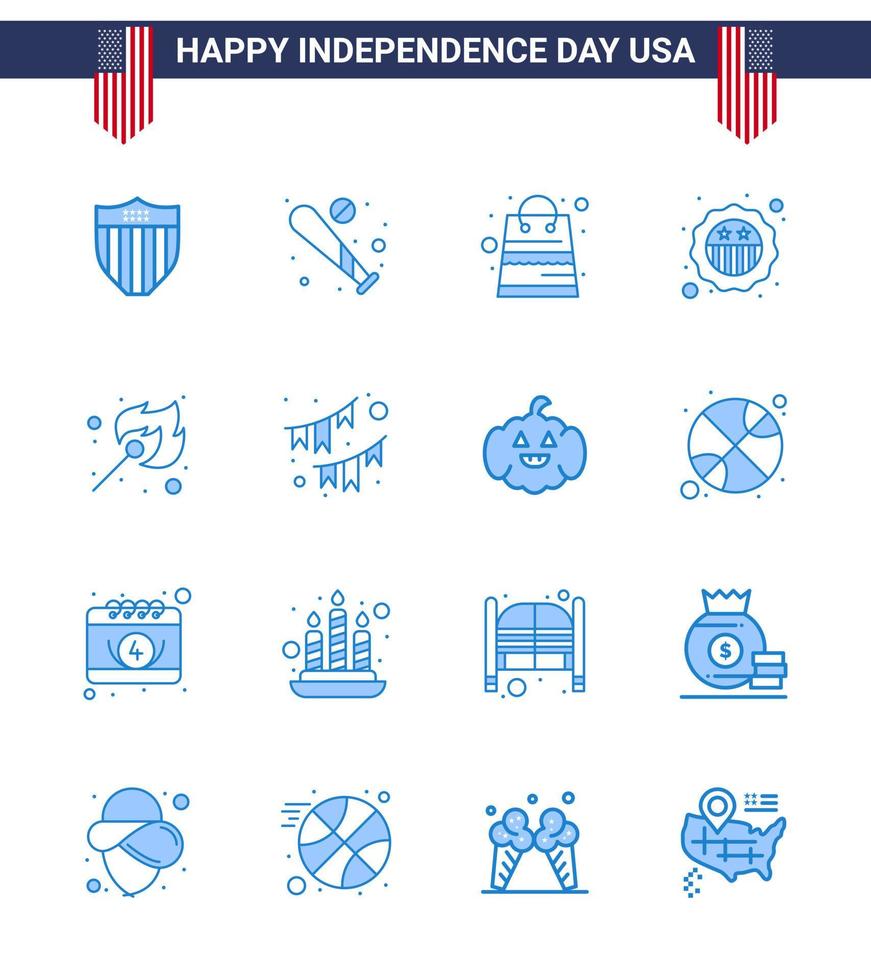 4 de julio usa feliz día de la independencia icono símbolos grupo de 16 blues moderno de la insignia de camping usa seguridad tienda editable usa día vector elementos de diseño