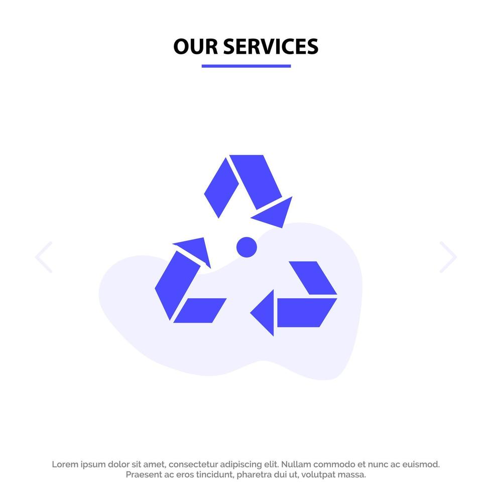 nuestros servicios eco ecología medio ambiente basura verde glifo sólido icono plantilla de tarjeta web vector