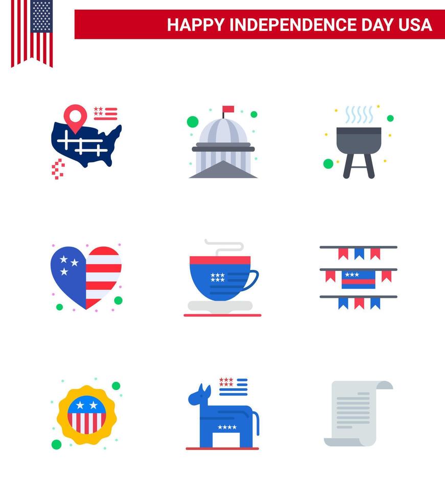 9 USA Flat Signs Independence Day Celebration Symbols of coffee tea barbecue usa country Editable USA Day Vector Design Elements