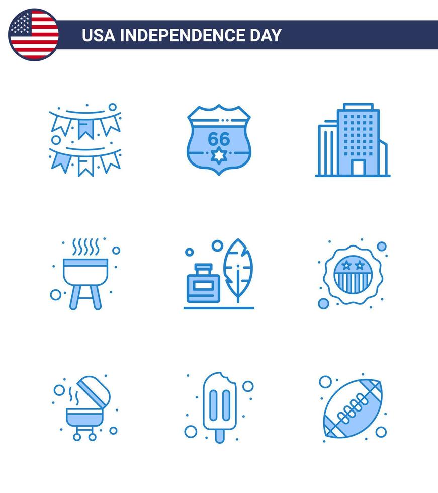 Happy Independence Day Pack of 9 Blues Signs and Symbols for ink bottle adobe security cook barbecue Editable USA Day Vector Design Elements