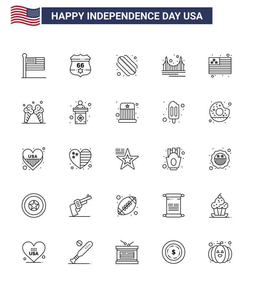 Happy Independence Day USA Pack of 25 Creative Lines of flag tourism american landmark gate Editable USA Day Vector Design Elements