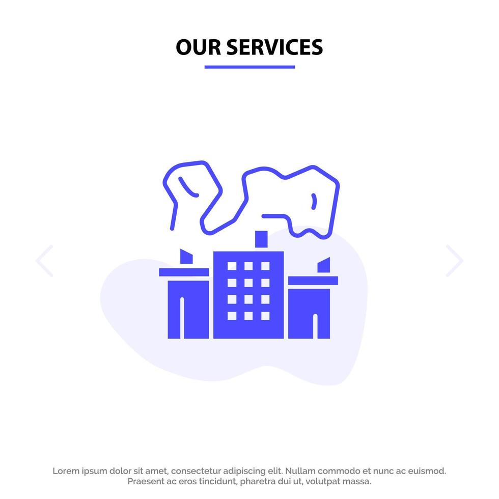 Our Services Factory Industry Nuclear Power Solid Glyph Icon Web card Template vector