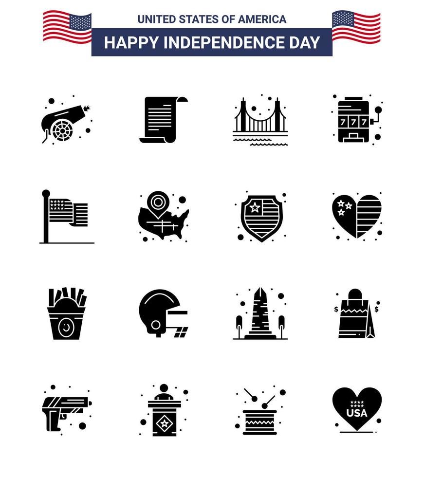 Big Pack of 16 USA Happy Independence Day USA Vector Solid Glyphs and Editable Symbols of american slot bridge machine tourism Editable USA Day Vector Design Elements