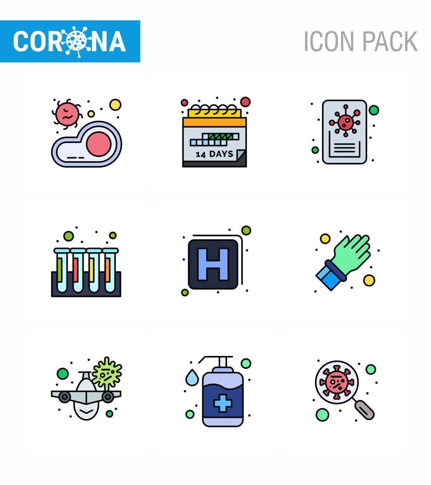 Coronavirus Awareness icon 9 Filled Line Flat Color icons icon included medicine tubes schedule test blood viral coronavirus 2019nov disease Vector Design Elements