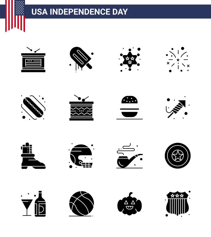 16 USA Solid Glyph Signs Independence Day Celebration Symbols of hotdog usa badge american firework Editable USA Day Vector Design Elements