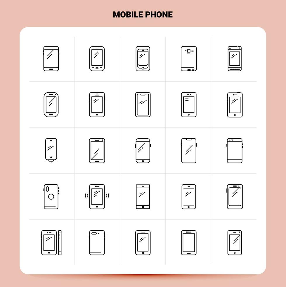 OutLine 25 Mobile Phone Icon set Vector Line Style Design Black Icons Set Linear pictogram pack Web and Mobile Business ideas design Vector Illustration