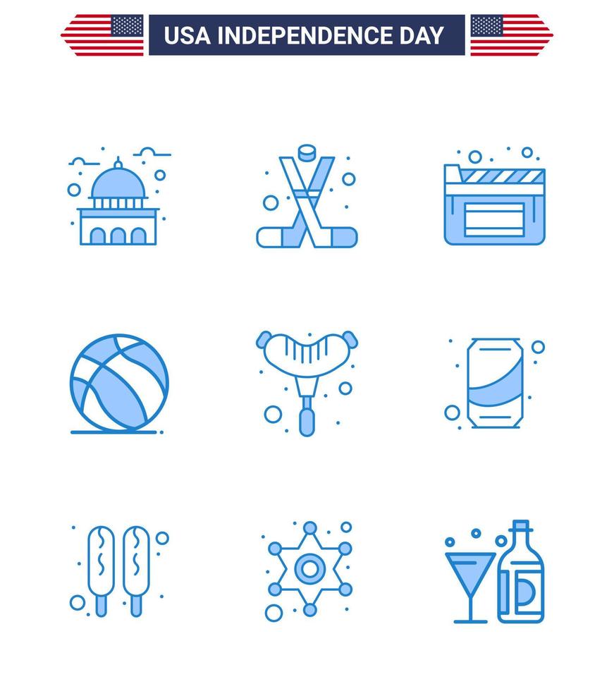 Happy Independence Day USA Pack of 9 Creative Blues of food american american ball film Editable USA Day Vector Design Elements