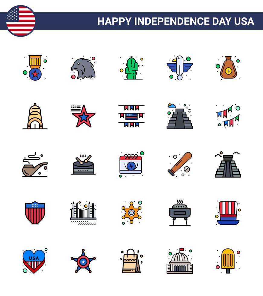 Pack of 25 creative USA Independence Day related Flat Filled Lines of money state flower eagle animal Editable USA Day Vector Design Elements