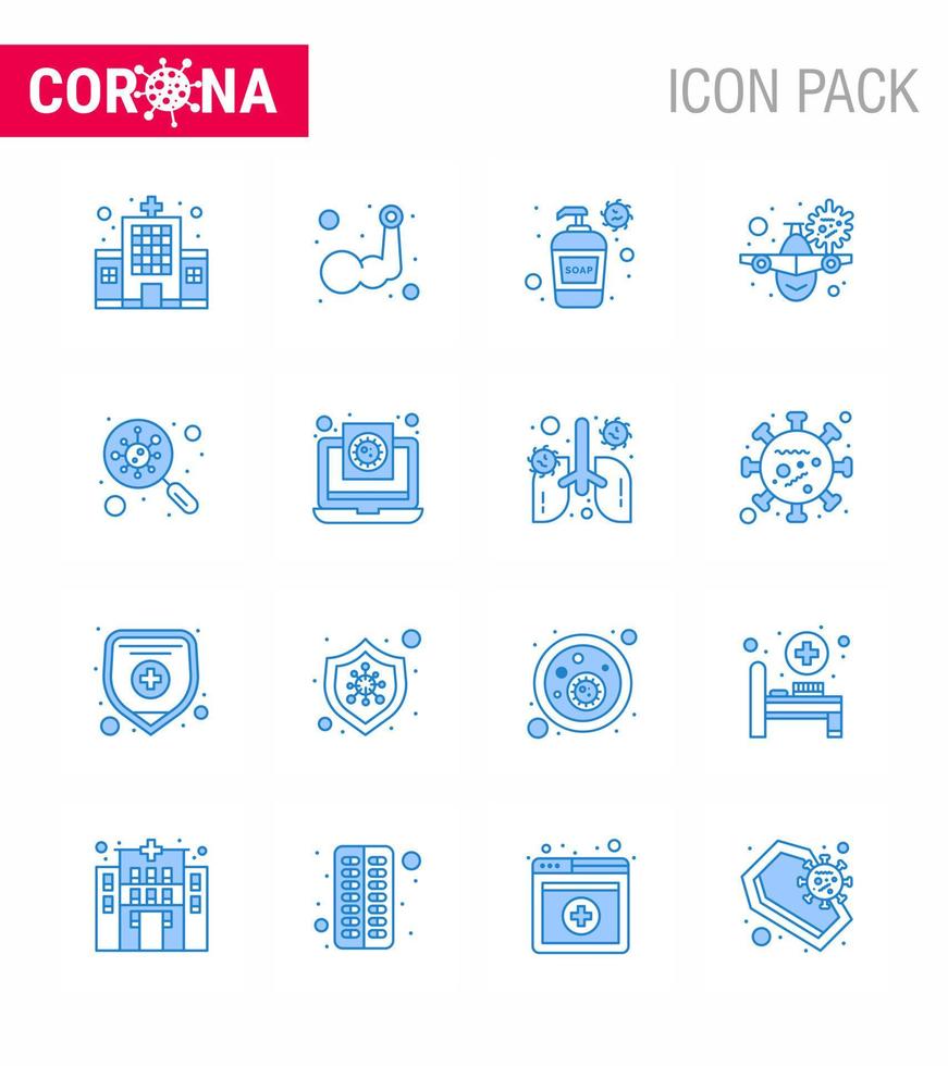 icono de conciencia de coronavirus 16 iconos azules icono incluido botella de advertencia de bacterias vacaciones avión coronavirus viral 2019nov enfermedad vector elementos de diseño