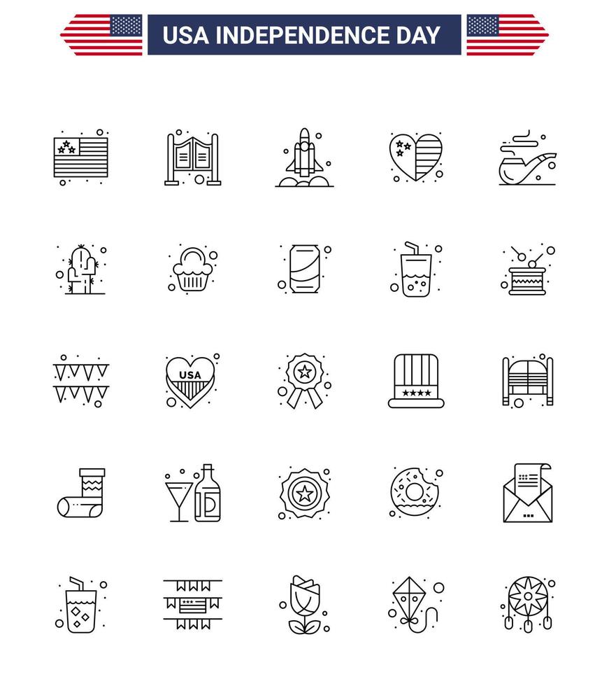 Set of 25 Modern Lines pack on USA Independence Day smoke usa rocket flag heart Editable USA Day Vector Design Elements