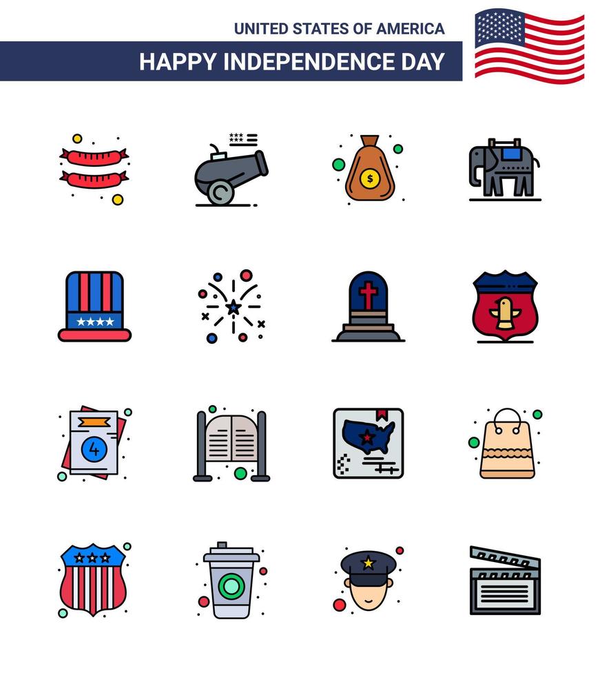 16 Flat Filled Line Signs for USA Independence Day usa cap money hat american Editable USA Day Vector Design Elements