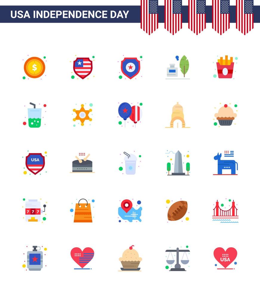 conjunto moderno de 25 pisos y símbolos en el día de la independencia de estados unidos, como papas fritas, policía rápida, plumas americanas, elementos de diseño vectorial editables del día de estados unidos vector