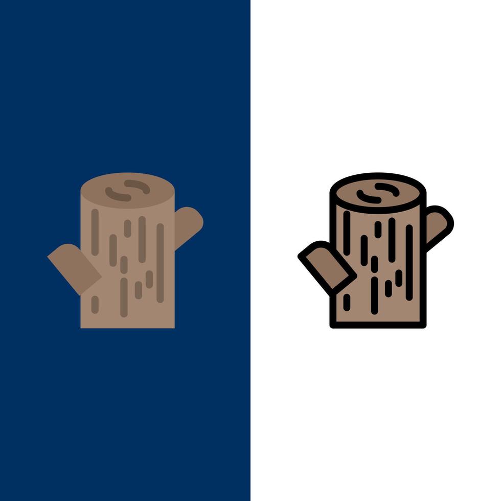 iconos de madera de troncos planos y llenos de línea conjunto de iconos vector fondo azul