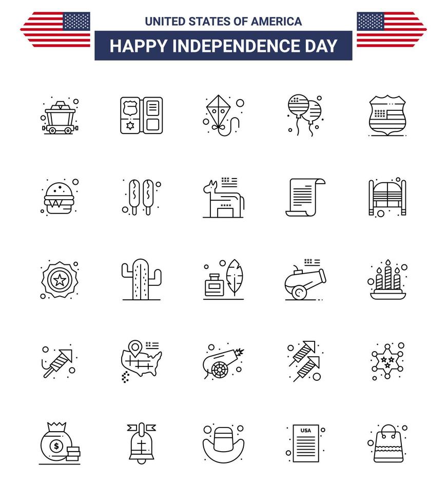 Modern Set of 25 Lines and symbols on USA Independence Day such as security sign summer shield fly Editable USA Day Vector Design Elements