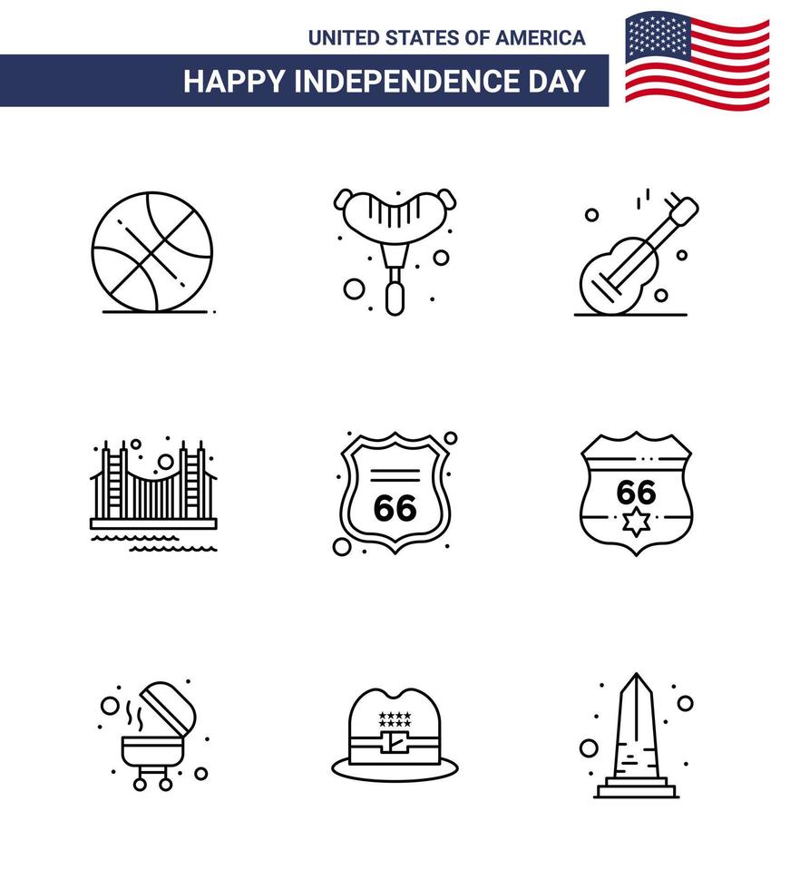 Paquete de 9 líneas de estados unidos de signos y símbolos del día de la independencia de seguridad turismo música punto de referencia puerta editable elementos de diseño de vector de día de estados unidos