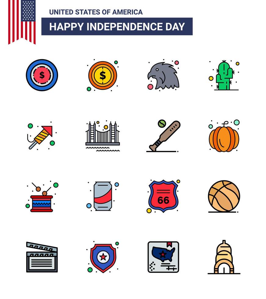 Set of 16 Modern Flat Filled Lines pack on USA Independence Day day religion bird fire work plant Editable USA Day Vector Design Elements