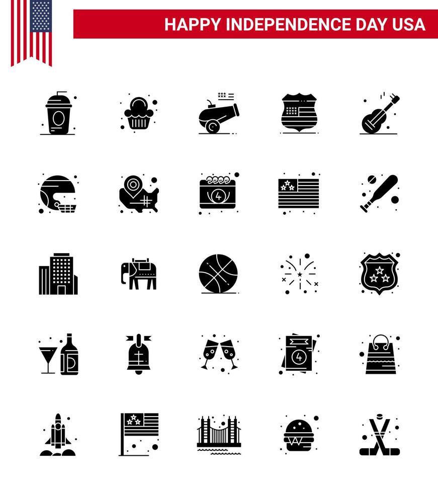 Happy Independence Day Pack of 25 Solid Glyph Signs and Symbols for guiter usa celebration sign mortar Editable USA Day Vector Design Elements