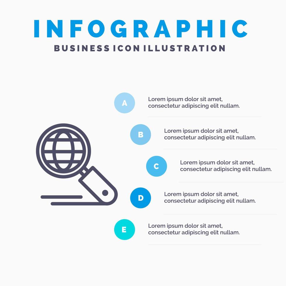 Globe Internet Search Seo Line icon with 5 steps presentation infographics Background vector