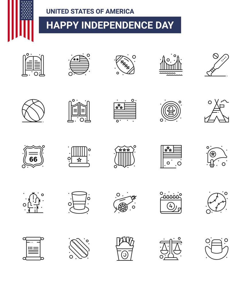 Happy Independence Day 25 Lines Icon Pack for Web and Print ball landmark ball golden bridge Editable USA Day Vector Design Elements